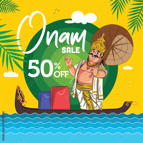 Onam sale template. illustration of King Mahabali stading in boat also called as  Aranmula boat with shopping bags