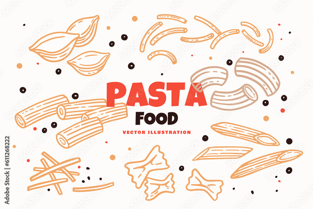 Naklejka premium Set of pasta in a linear style. Trofie, Penne, Rigatoni, Macaroni, Farfalle, Vermicelli. Design element for packaging, cookbook, grocery store.