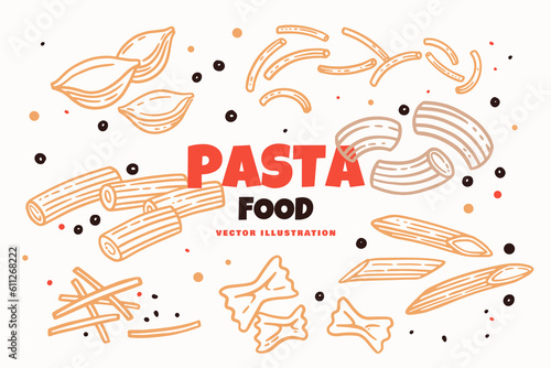 Set of pasta in a linear style. Trofie  Penne  Rigatoni  Macaroni  Farfalle  Vermicelli. Design element for packaging  cookbook  grocery store.