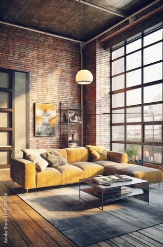 Urban Apartment Loft Living Room with Large Windows and Industrial Design, 3D Render.