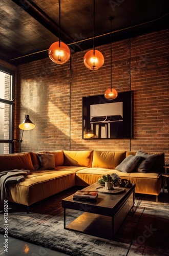 Wide Angle View of a Contemporary Loft Living Room  Showcasing Chic Furniture and High Ceilings.