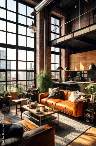 Wide Angle View of a Contemporary Loft Living Room, Showcasing Chic Furniture and High Ceilings.
