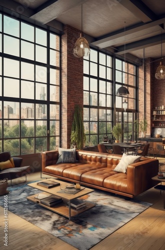 Interior design details with cozy couch and industrial accents