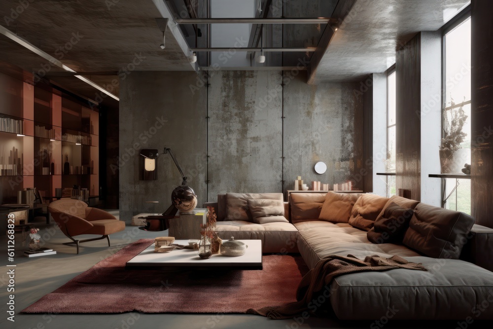 Wide Angle View of a Luxurious Couch in a Loft Living Room