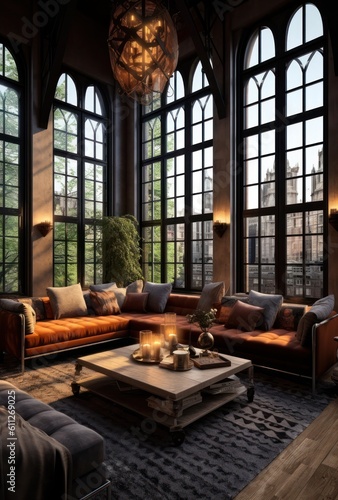 Close Up of an Elegant Couch in a Spacious Loft Living Room with Industrial Accents