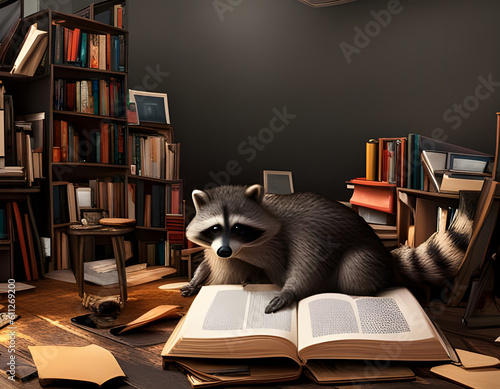 Cute raccoon reading a book in a library. Concept of a scolar and study. Amazing Digital illustration. CG Artwork Background photo