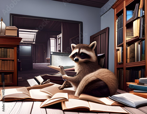 Cute raccoon reading a book in a library. Concept of a scolar and study. Amazing Digital illustration. CG Artwork Background photo