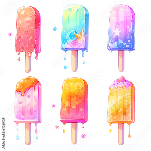 set of colorful popsicle stick with white background generate with  AI © Creampuffbutterpies