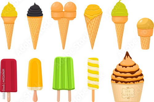 big kit ice cream popsicle different types in cone waffle cup