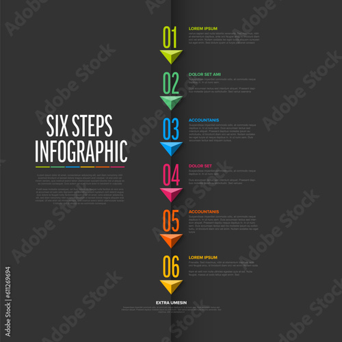 Vector dark six steps vertical progress template with big arrows and numbers