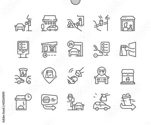 Drive thru restaurant. Fast food cafe with car lane. Takeout coffee, order food, menu. Work time. Pixel Perfect Vector Thin Line Icons. Simple Minimal Pictogram