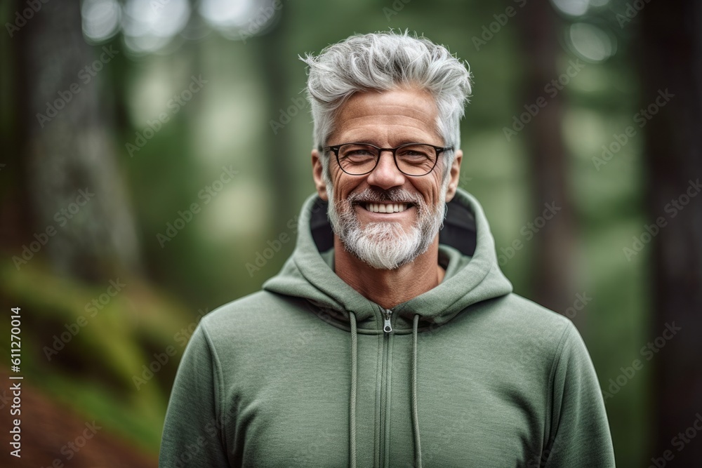 Conceptual portrait photography of a grinning mature man wearing a stylish hoodie against a forest background. With generative AI technology Conceptual portrait photography of a grinning mature man wearing a stylish hoodie against a forest background. With generative AI technology