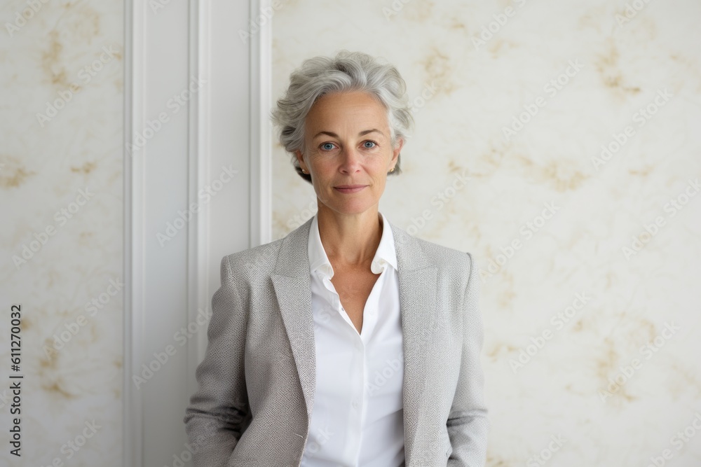 Lifestyle portrait photography of a satisfied mature woman wearing a classic blazer against a minimalist or empty room background. With generative AI technology Lifestyle portrait photography of a satisfied mature woman wearing a classic blazer against a minimalist or empty room background. With generative AI technology