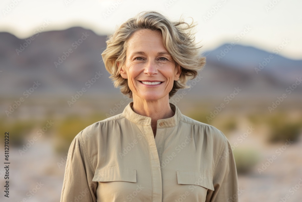 Medium shot portrait photography of a happy mature woman wearing an elegant long-sleeve shirt against a desert landscape background. With generative AI technology Medium shot portrait photography of a happy mature woman wearing an elegant long-sleeve shirt against a desert landscape background. With generative AI technology