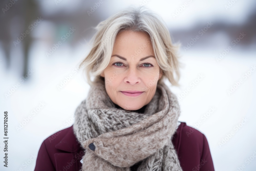 Headshot portrait photography of a grinning mature woman wearing a sophisticated blouse against a snowy landscape background. With generative AI technology Headshot portrait photography of a grinning mature woman wearing a sophisticated blouse against a snowy landscape background. With generative AI technology