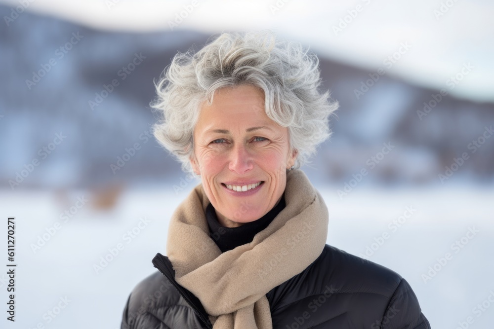 Headshot portrait photography of a grinning mature woman wearing a sophisticated blouse against a snowy landscape background. With generative AI technology