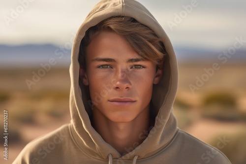Close-up portrait photography of a glad mature boy wearing a comfortable hoodie against a desert landscape background. With generative AI technology