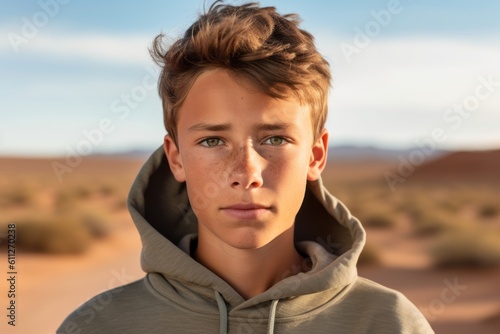 Close-up portrait photography of a glad mature boy wearing a comfortable hoodie against a desert landscape background. With generative AI technology