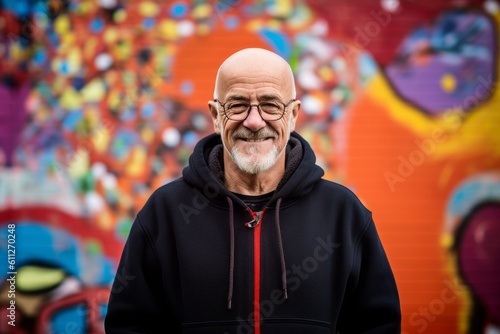 Medium shot portrait photography of a happy mature man wearing a cozy sweater against a colorful graffiti wall background. With generative AI technology