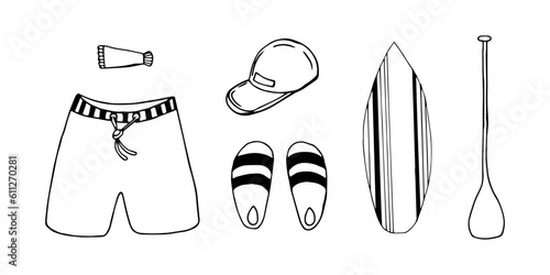 Set of men's beachwear with paddle board.  Hand drawn sketches,  in the style of an art doodle.  illustration with black and white color.