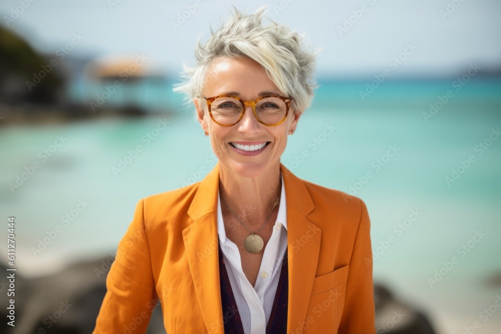 Medium shot portrait photography of a happy mature girl wearing a classic blazer against a tropical island background. With generative AI technology Medium shot portrait photography of a happy mature girl wearing a classic blazer against a tropical island background. With generative AI technology