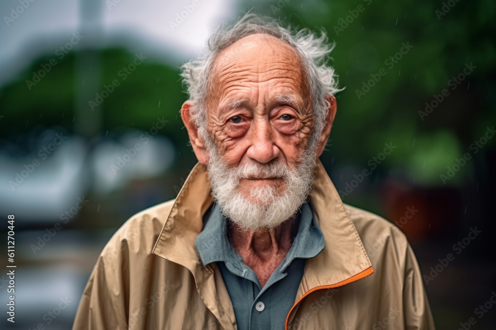 Headshot portrait photography of a glad old man wearing a lightweight windbreaker against a tropical island background. With generative AI technology