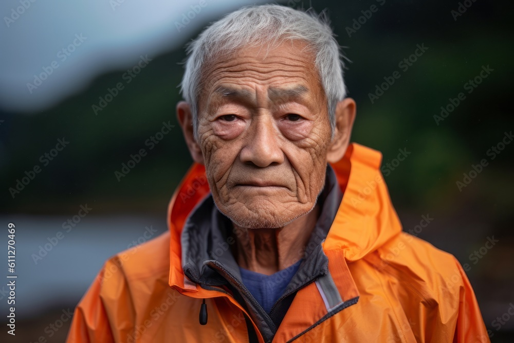 Headshot portrait photography of a glad old man wearing a lightweight windbreaker against a tropical island background. With generative AI technology Headshot portrait photography of a glad old man wearing a lightweight windbreaker against a tropical island background. With generative AI technology