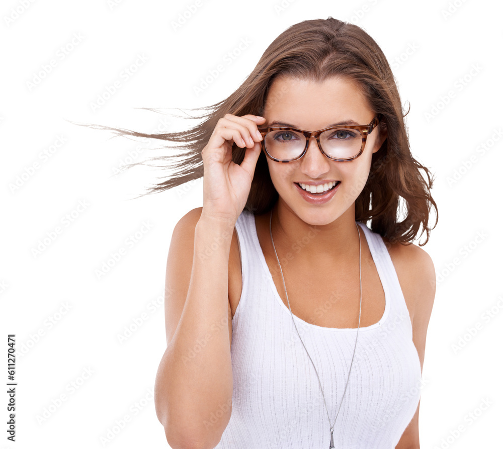 Portrait, smile and glasses with a woman isolated on a transparent background for optometry. Vision, happy and eyewear with an attractive young female customer at the optometrist or optician on PNG Portrait, smile and glasses with a woman isolated on a transparent background for optometry. Vision, happy and eyewear with an attractive young female customer at the optometrist or optician on PNG