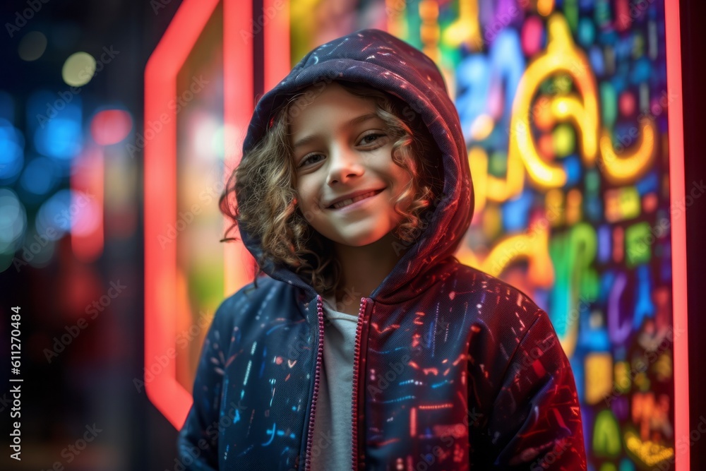 Lifestyle portrait photography of a grinning kid female wearing a cozy zip-up hoodie against a neon sign background. With generative AI technology