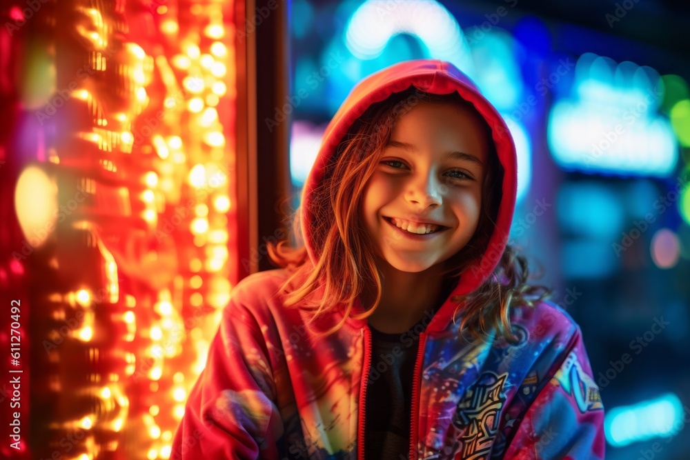 Lifestyle portrait photography of a grinning kid female wearing a cozy zip-up hoodie against a neon sign background. With generative AI technology Lifestyle portrait photography of a grinning kid female wearing a cozy zip-up hoodie against a neon sign background. With generative AI technology