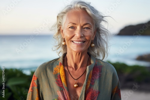 Medium shot portrait photography of a satisfied mature woman wearing a chic cardigan against a tropical island background. With generative AI technology