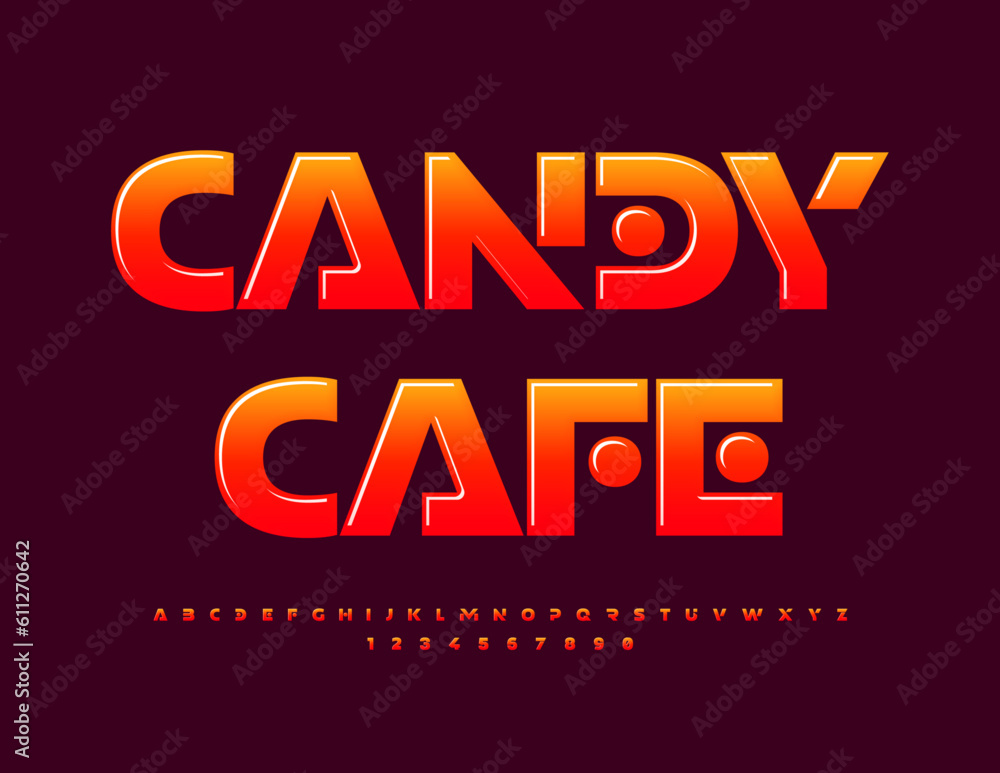 Vector glossy logo Candy Cafe. Modern Creative Font. Sweet Alphabet Letters, Numbers and Symbols set