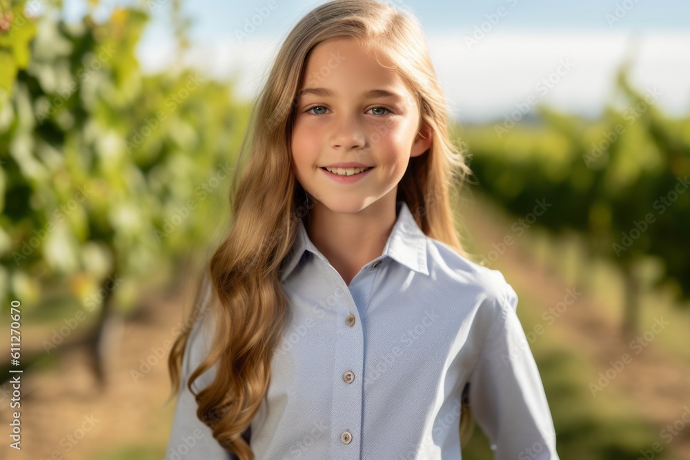 Medium shot portrait photography of a glad kid female wearing a classy button-up shirt against a vineyard background. With generative AI technology Medium shot portrait photography of a glad kid female wearing a classy button-up shirt against a vineyard background. With generative AI technology