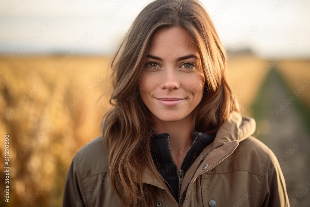 Close-up portrait photography of a satisfied girl in her 30s wearing a durable parka against a vineyard background. With generative AI technology Close-up portrait photography of a satisfied girl in her 30s wearing a durable parka against a vineyard background. With generative AI technology