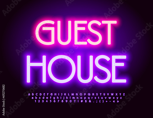 Vector advertising Banner Guest House. Modern Electric Font. Glowing Alphabet Letters and Numbers