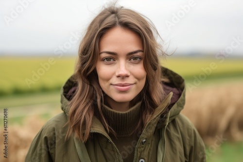 Close-up portrait photography of a satisfied girl in her 30s wearing a durable parka against a vineyard background. With generative AI technology