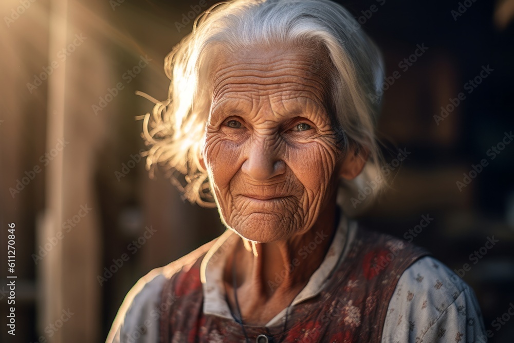 Close-up portrait photography of a glad old woman wearing a sophisticated blouse against a rustic farmhouse background. With generative AI technology Close-up portrait photography of a glad old woman wearing a sophisticated blouse against a rustic farmhouse background. With generative AI technology