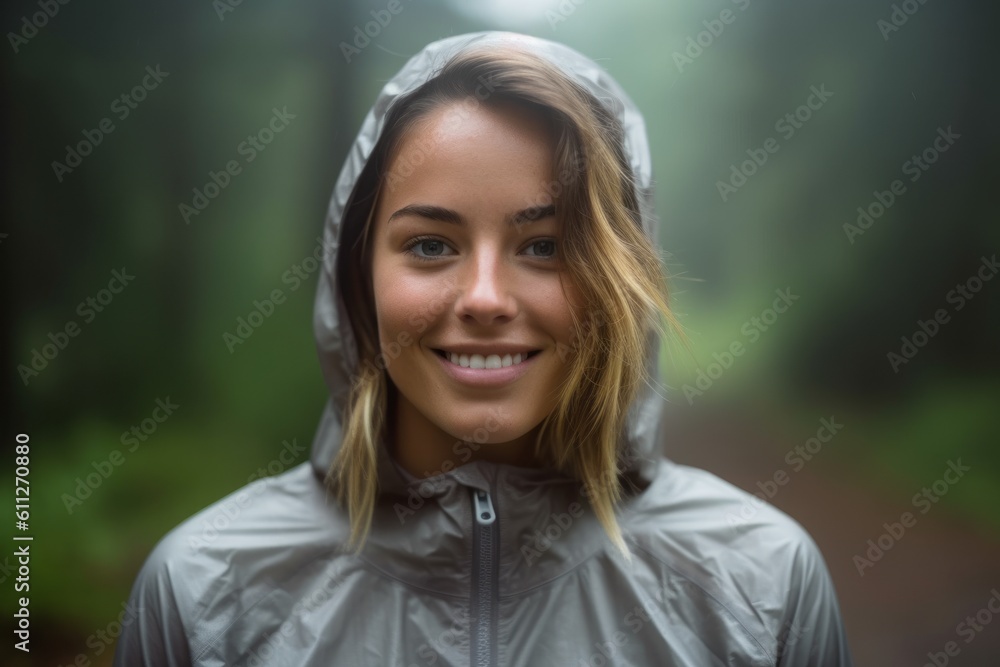 Close-up portrait photography of a grinning girl in her 30s wearing a lightweight windbreaker against a foggy forest background. With generative AI technology