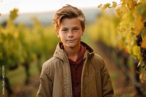 Medium shot portrait photography of a glad mature boy wearing a lightweight windbreaker against a vineyard background. With generative AI technology