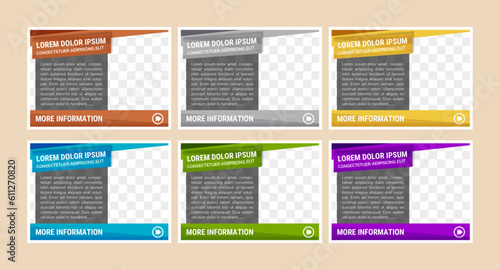 more information coloumn element banner for website or landing page. six color can be selected. horizontal layout with space for photo. modern geometric flat design. 