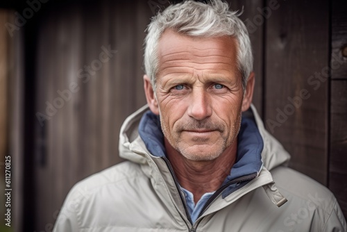 Headshot portrait photography of a glad mature man wearing a lightweight windbreaker against a rustic farmhouse background. With generative AI technology © Markus Schröder