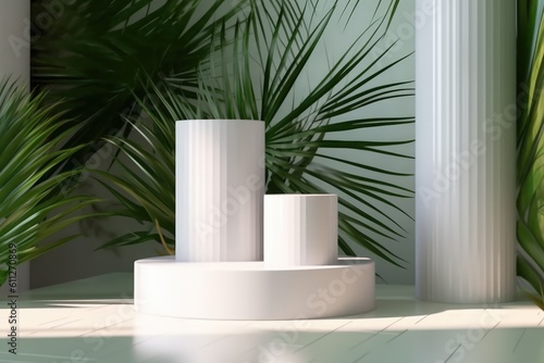 glossy white round cylinder podium  product display green tropical bamboo palm in sunlight  leaf shadow on wall for luxury organic beauty  cosmetic  skin care product display. Generative AI 