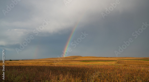 A rainbow in the sky with thunderclouds over an autumn field after rain. A beautiful natural phenomenon.