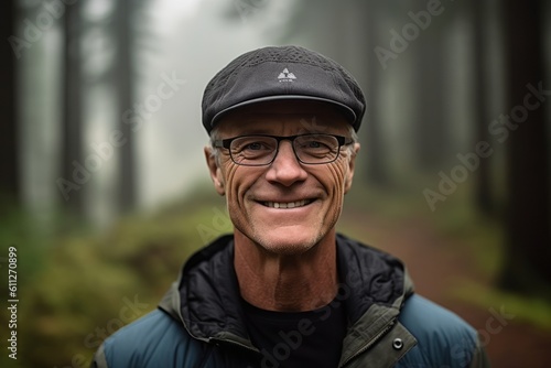 Medium shot portrait photography of a satisfied mature man wearing a cool cap or hat against a foggy forest background. With generative AI technology