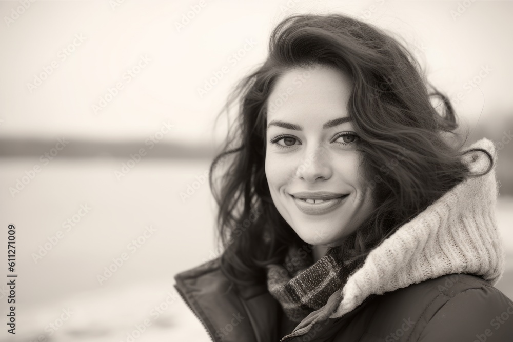 Close-up portrait photography of a grinning girl in her 30s wearing a cozy winter coat against a tranquil lake background. With generative AI technology Close-up portrait photography of a grinning girl in her 30s wearing a cozy winter coat against a tranquil lake background. With generative AI technology