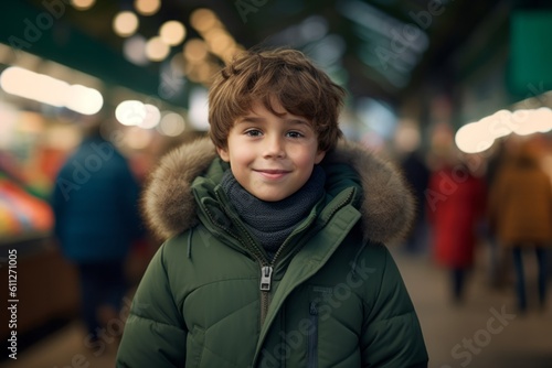 Environmental portrait photography of a happy boy in his 30s wearing a cozy winter coat against a bustling marketplace background. With generative AI technology © Markus Schröder