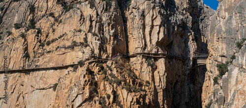 The King's Little Path. The famous walkway along the steep walls of a narrow gorge in El Chorro. Malaga province, Spain.