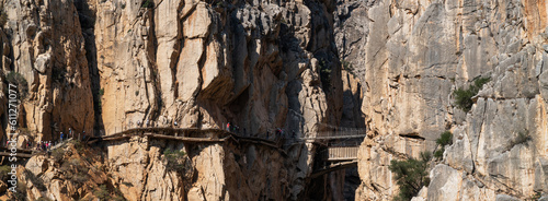 The King's Little Path. The famous walkway along the steep walls of a narrow gorge in El Chorro. Malaga province, Spain.