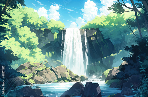 Tropical summer hawaii landscape in japanese anime style