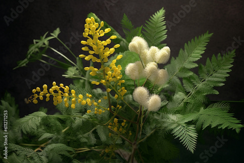 A photo capturing Mimosa hostilis (Jurema), showcasing its fern-like leaves, white flowers, and the presence of DMT.  Generative AI technology. photo